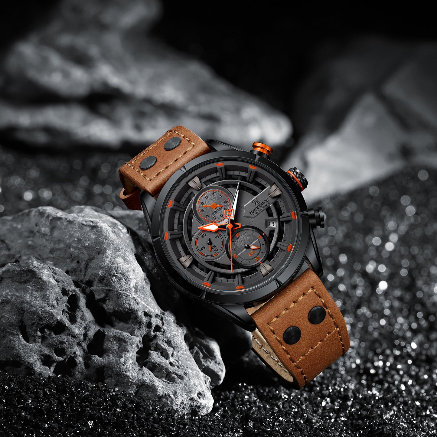 Naviforce NF8045 Brown Leather Strap Analog Watch