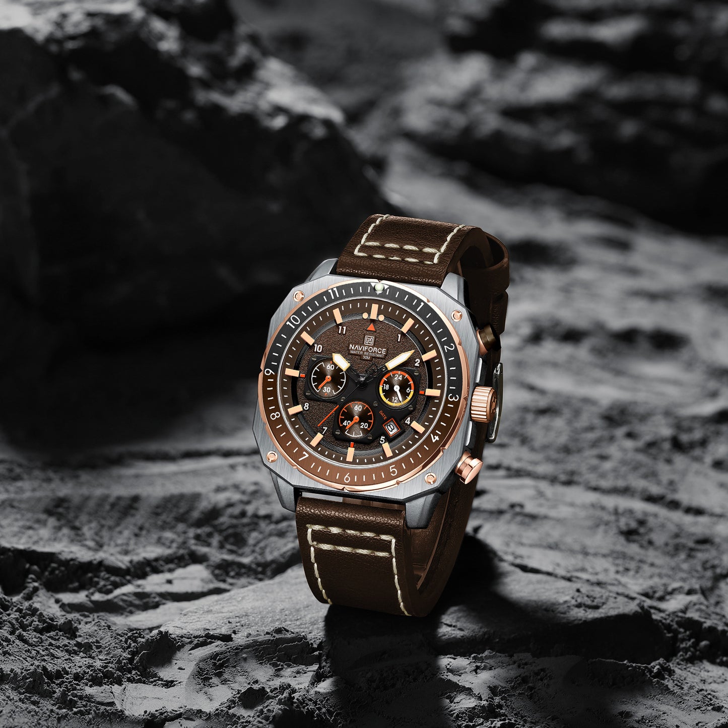 Naviforce NF8057 Brown Leather Strap Analog Watch