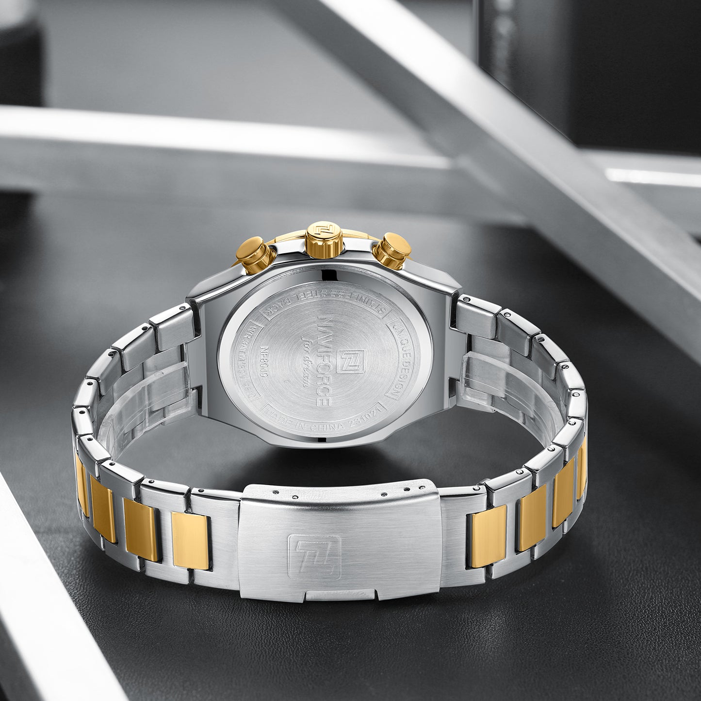 Naviforce NF8049: Silver Gold Multifunction Chrono for Men