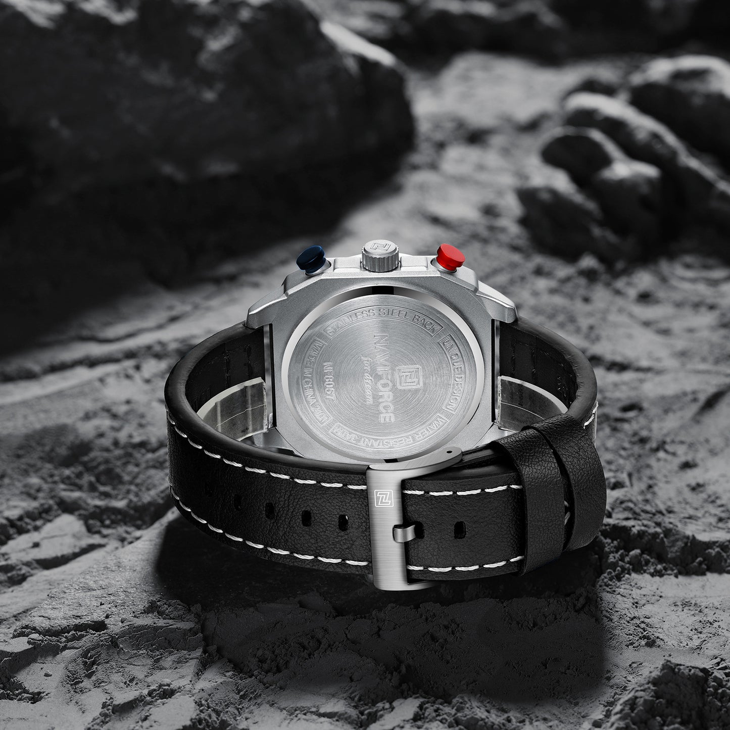 Naviforce NF8057 Silver-Black Leather Strap Analog Watch