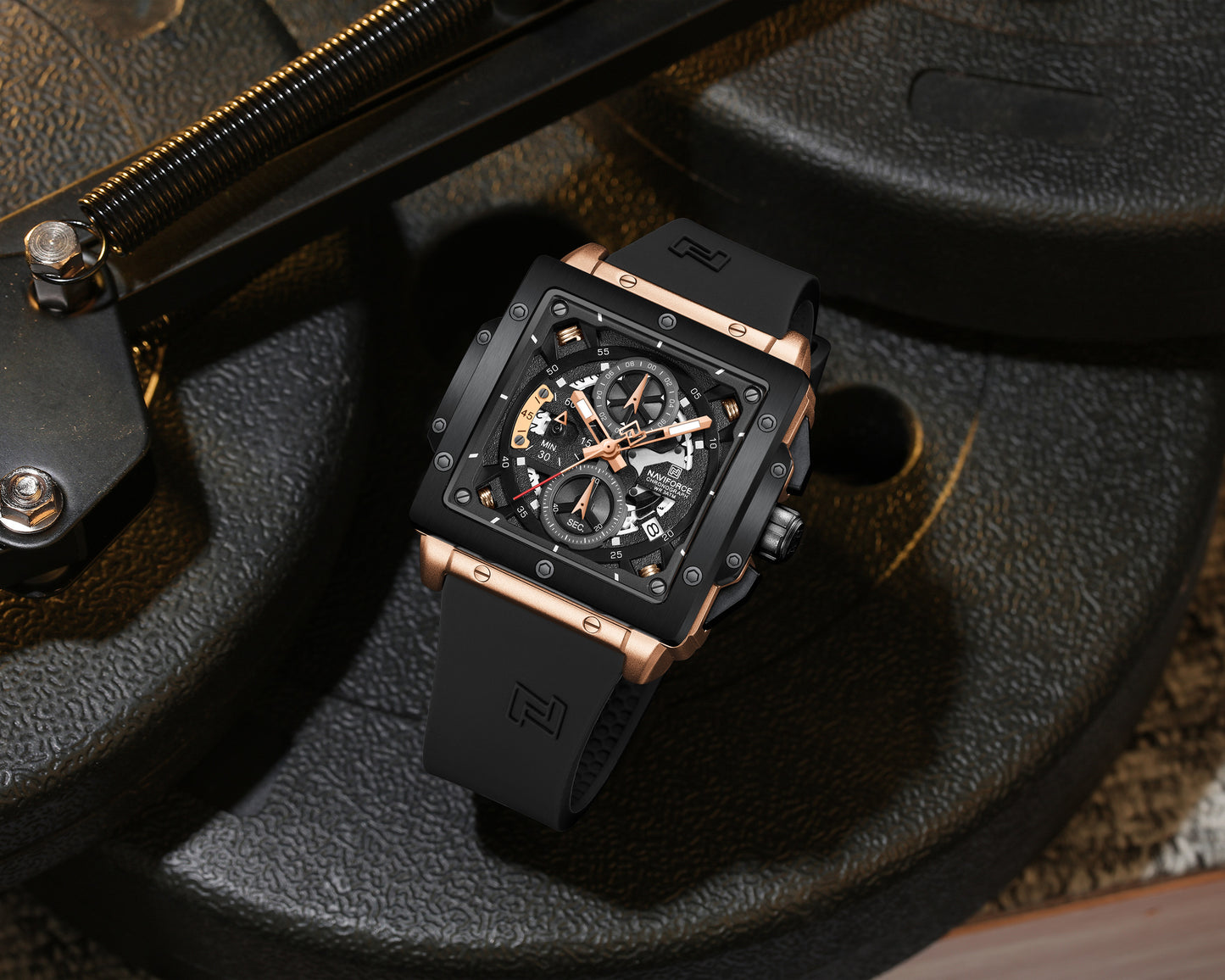 Naviforce NF8064 Elegant Square Rose Gold-Black dial Analog watch