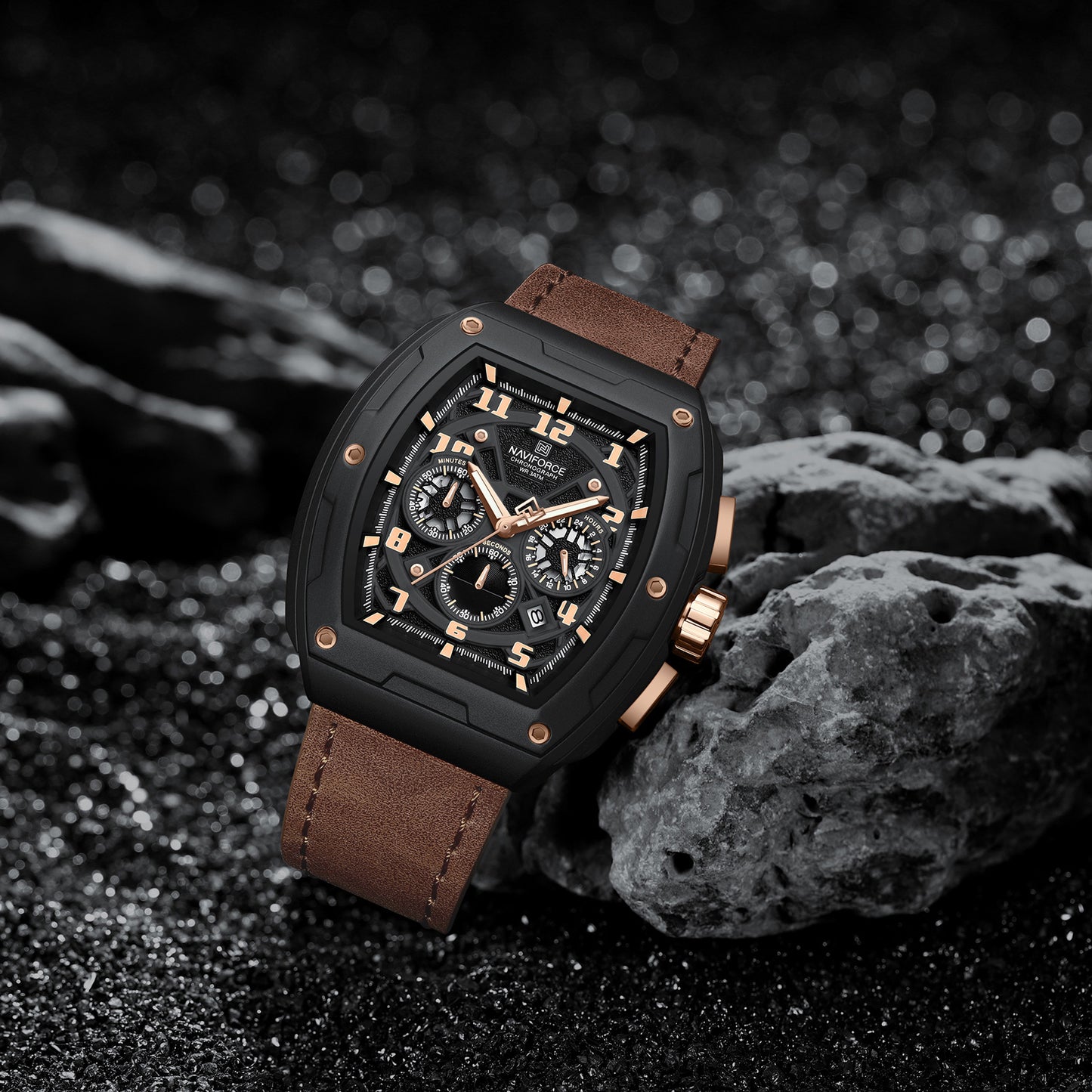 Naviforce NF8053 Rose Gold&Brown genuine leather strap Analog Watch