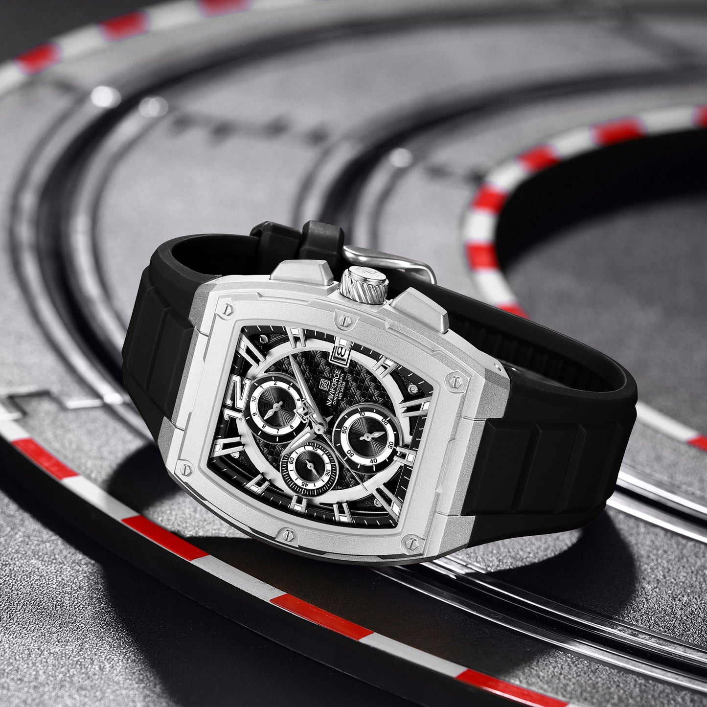 Naviforce NF8050 silver chronograph dial silicon strap Analog Watch