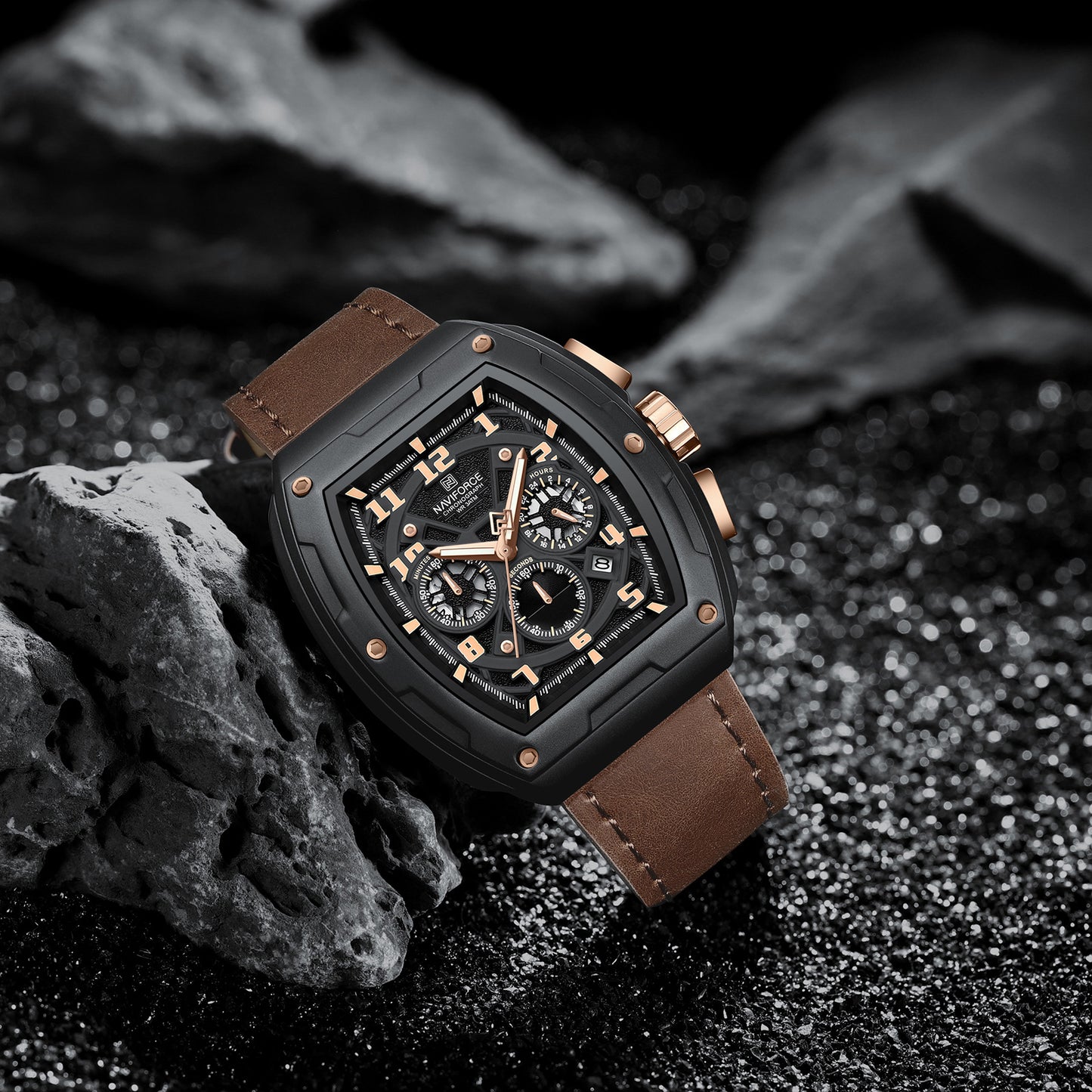 Naviforce NF8053 Rose Gold&Brown genuine leather strap Analog Watch