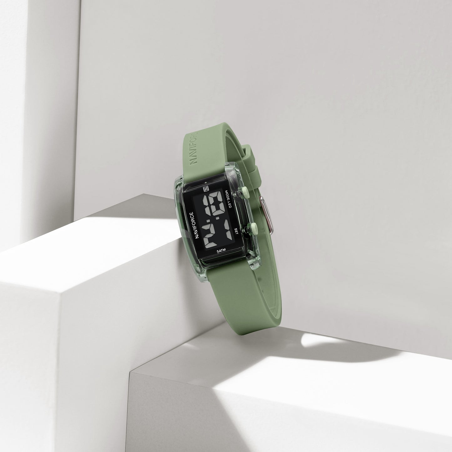 NF7118 Black rectangular dial with Green silicone strap Digital Watch