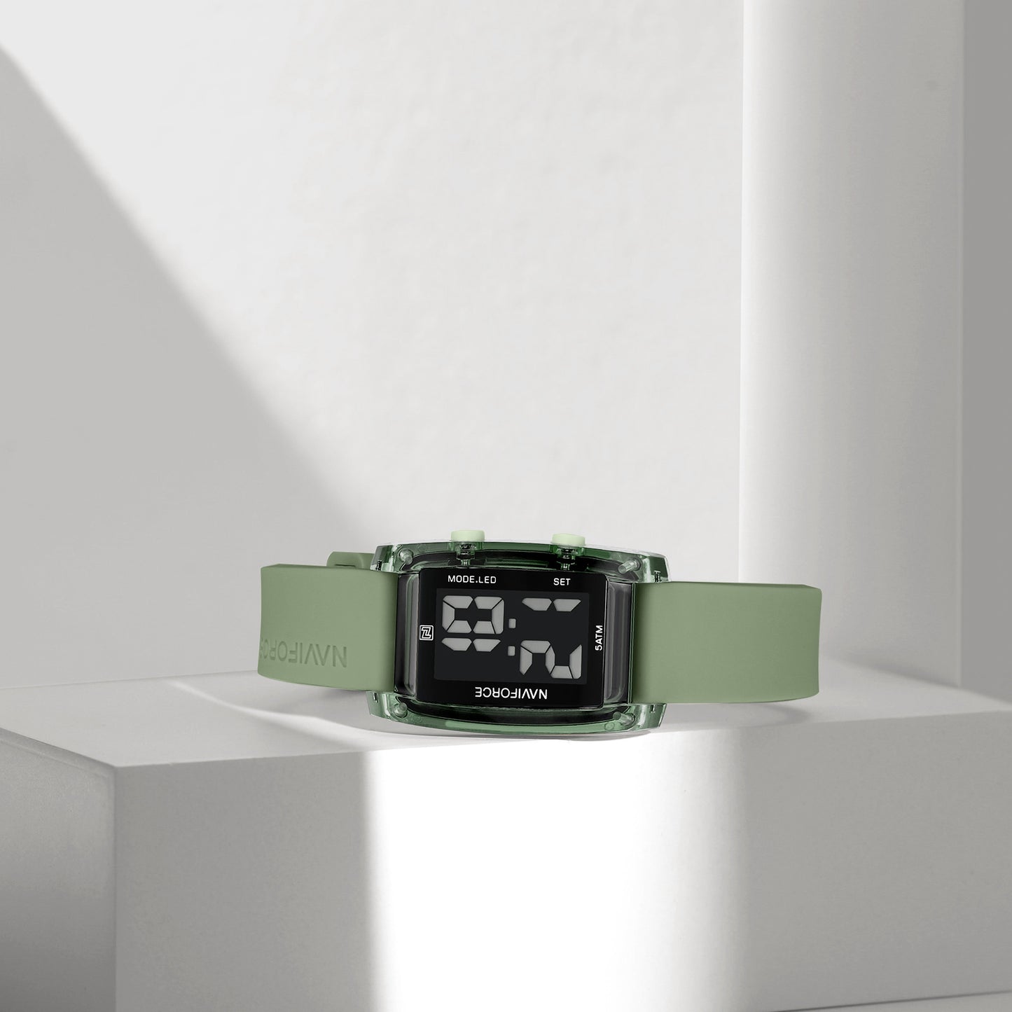 NF7118 Black rectangular dial with Green silicone strap Digital Watch