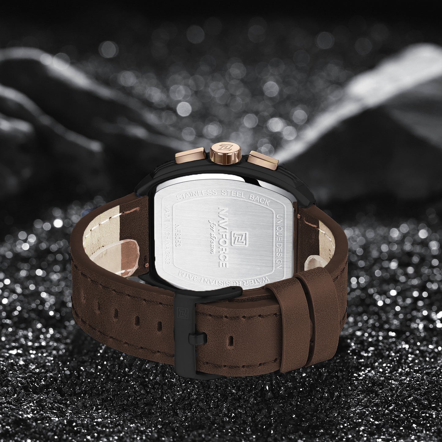 Naviforce NF8053 Rose Gold&Brown genuine leather strap Analog Watch