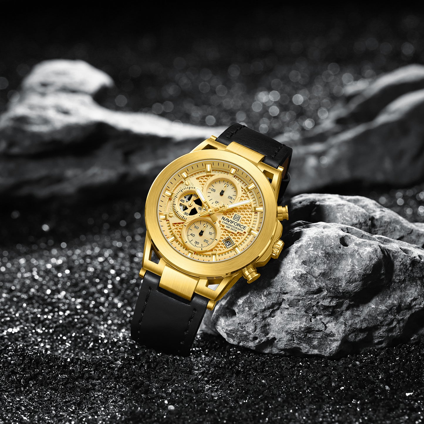 Naviforce NF8073 Unique Gold Dial With Black Leather Analog Watch