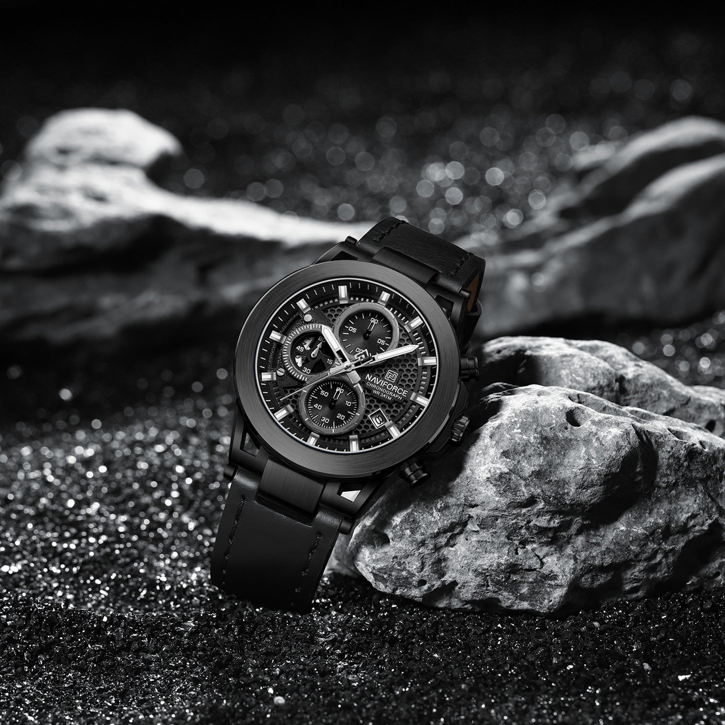 Naviforce NF8073 Unique Black Genuine Leather Analog Watch
