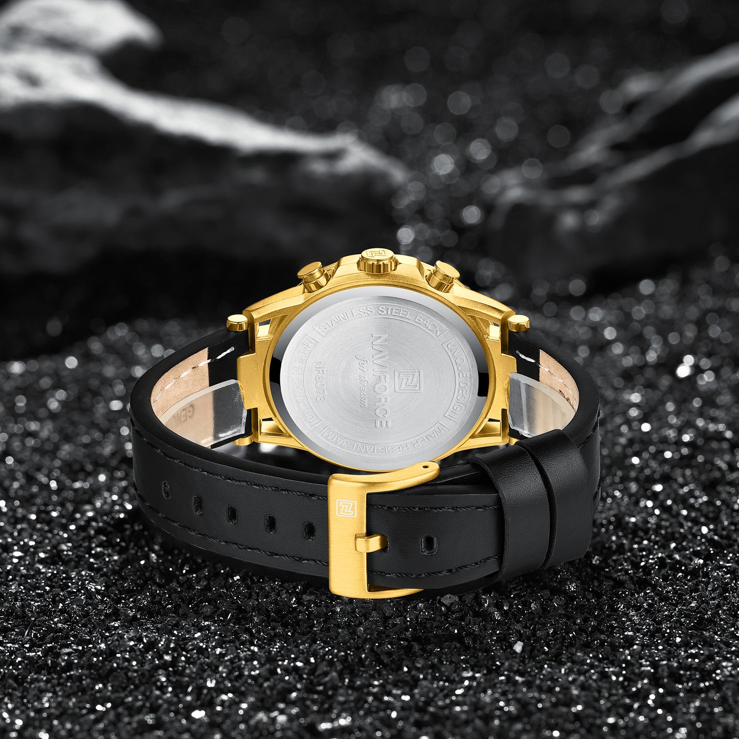 Naviforce NF8073 Unique Gold Dial With Black Leather Analog Watch