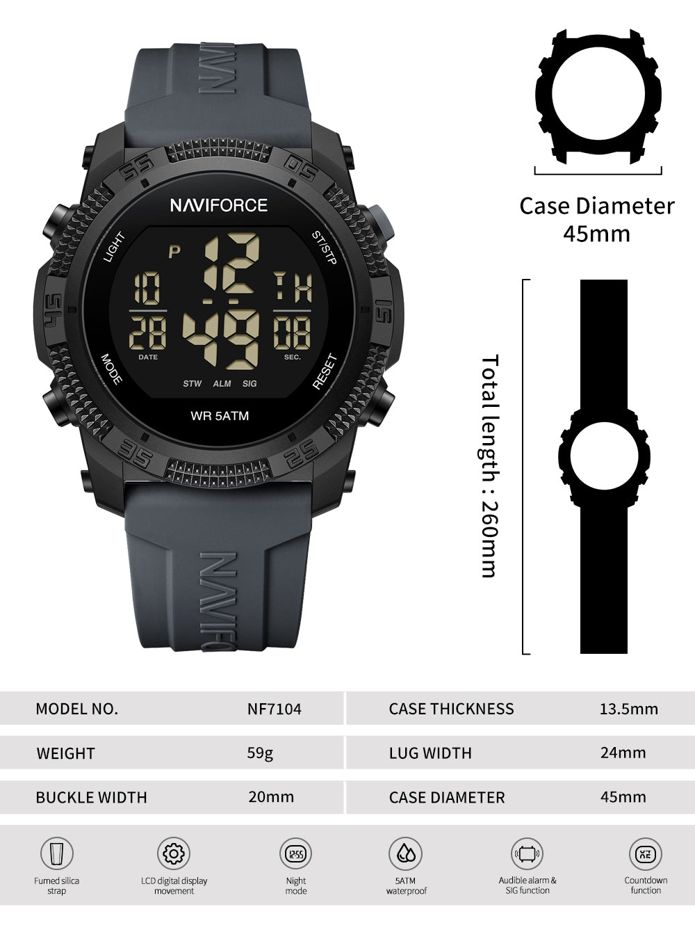 NF7104 Grey Silicon Strap Digital Watch