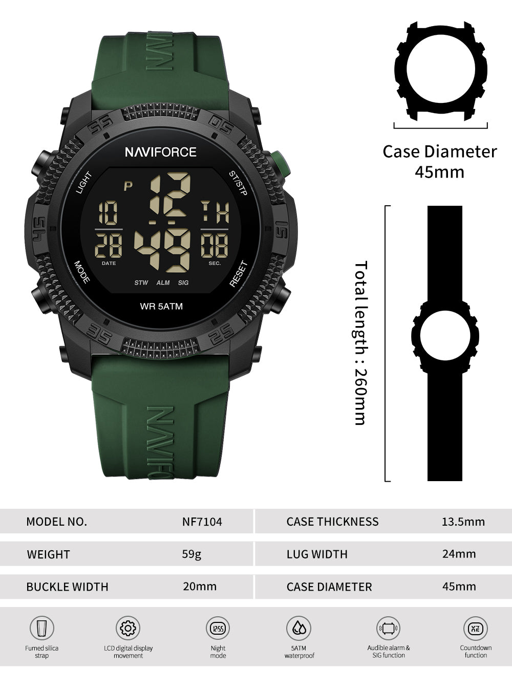 NF7104 Green Silicon Strap Digital Watch