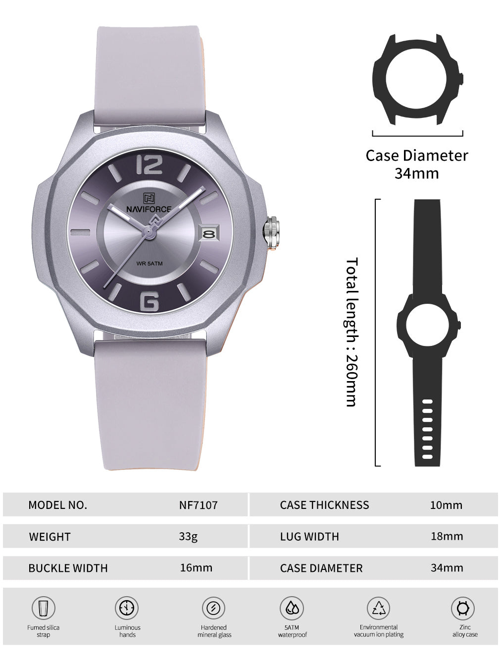 NF7107 Purple Silicon Strap luminous hands Analog Watch