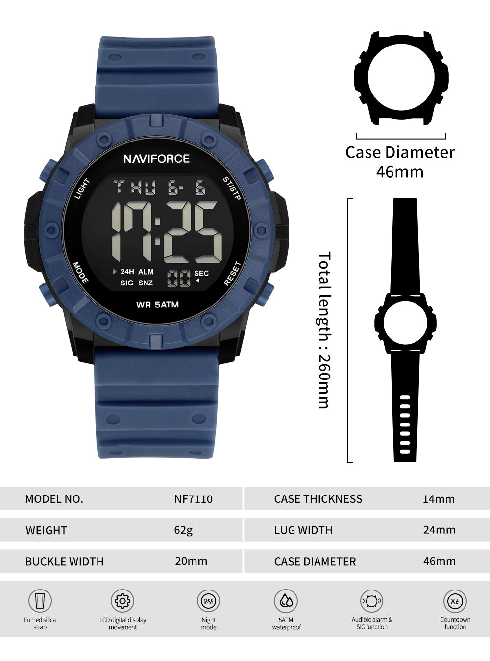 NF7110 Blue LCD Display Trendy Silicone Digital Watch
