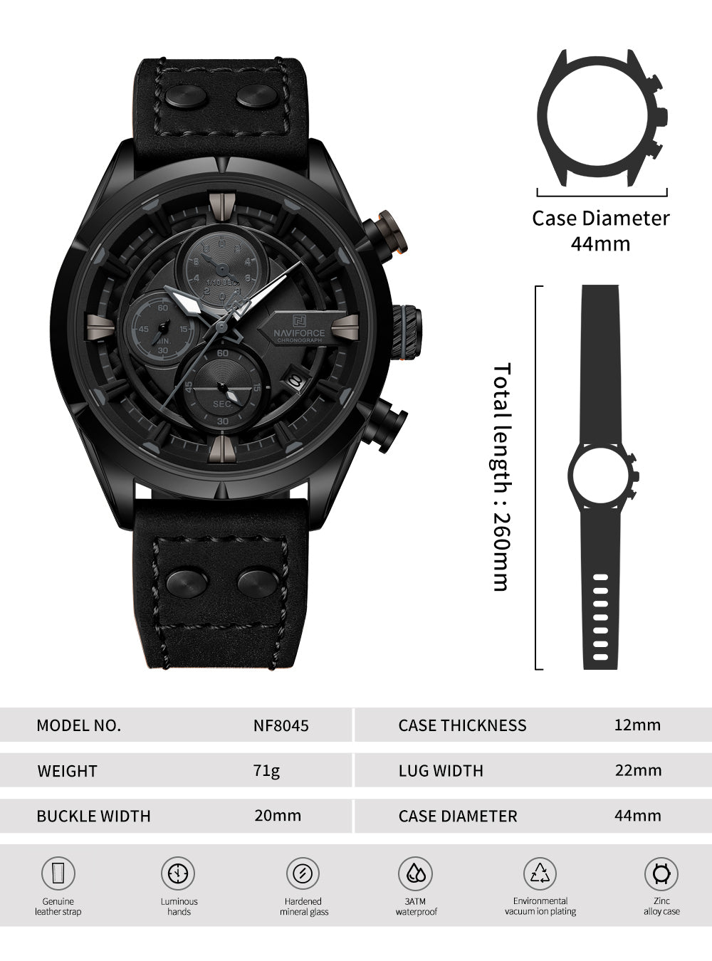 Naviforce NF8045 Black Leather Strap Analog Watch