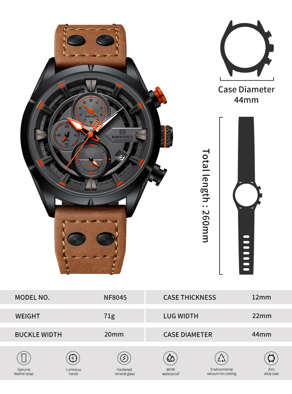 Naviforce NF8045 Brown Leather Strap Analog Watch