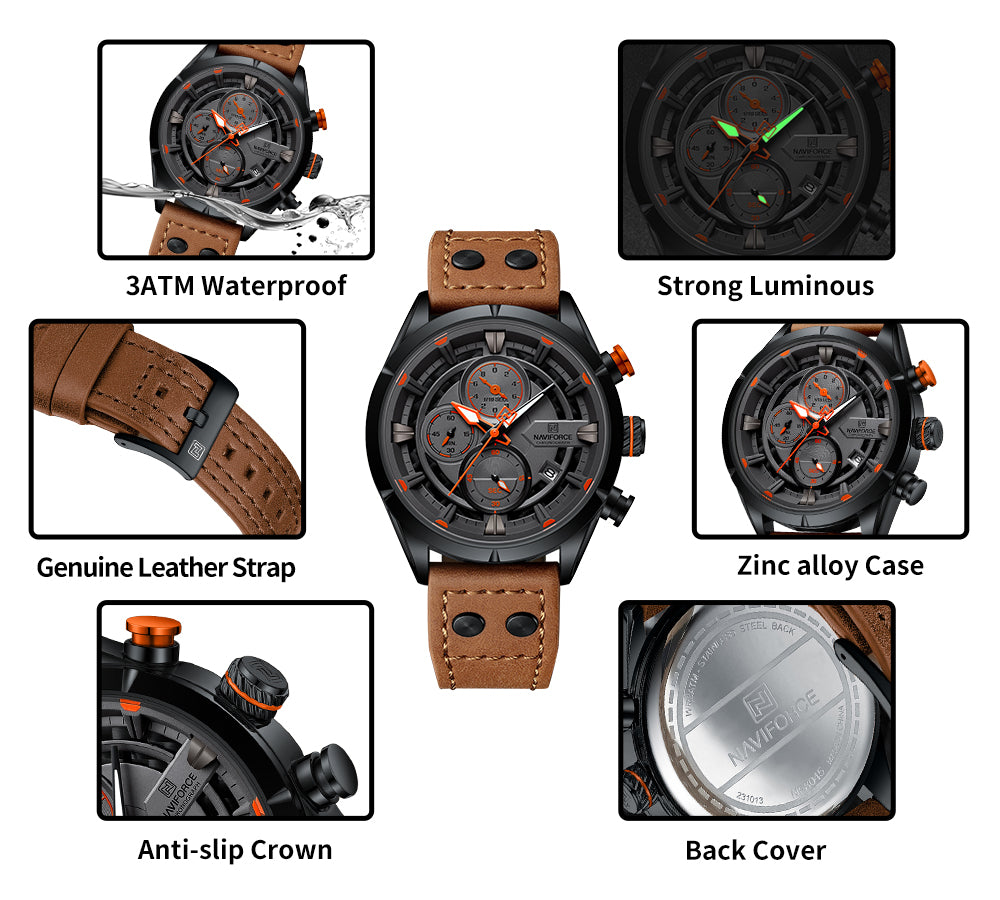 Naviforce NF8045 Brown Leather Strap Analog Watch