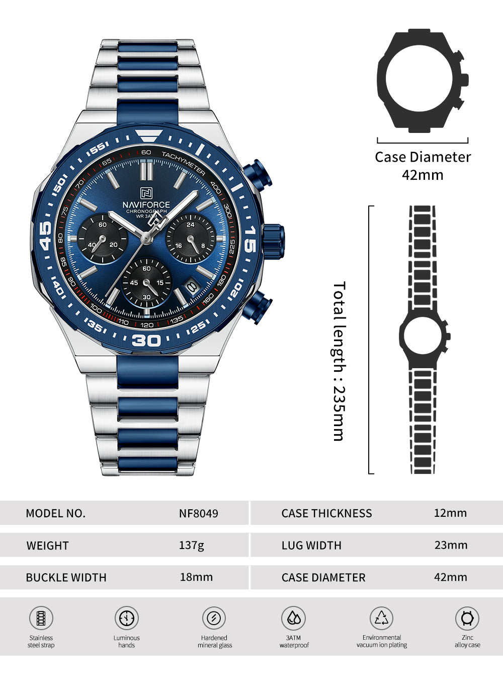 Naviforce NF8049: Silver Blue Multifunction Chrono for Men