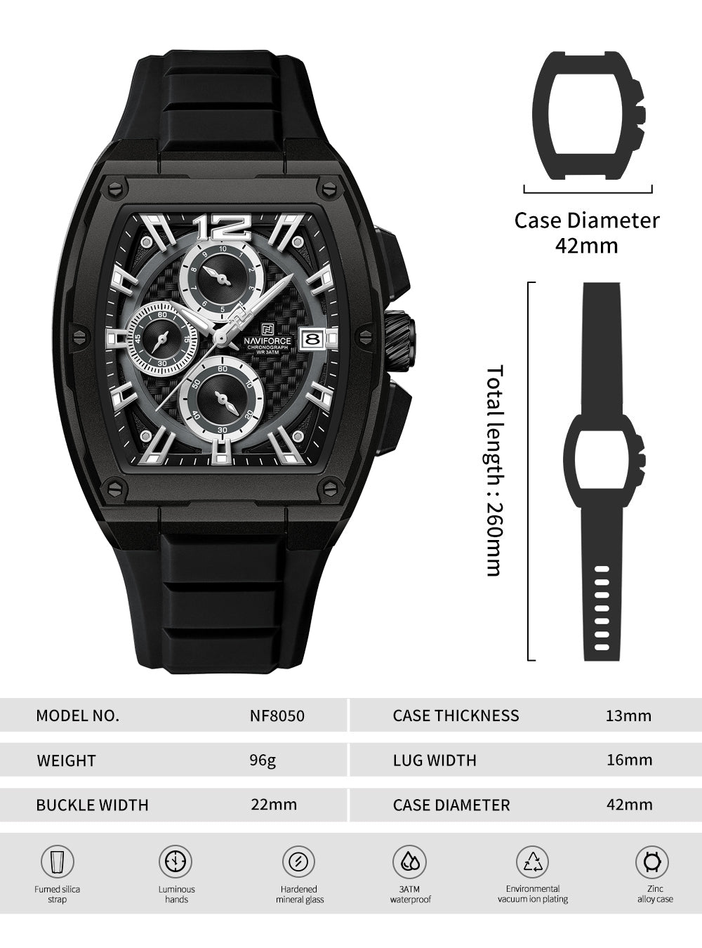Naviforce NF8050 black chronograph dial silicon strap Analog Watch