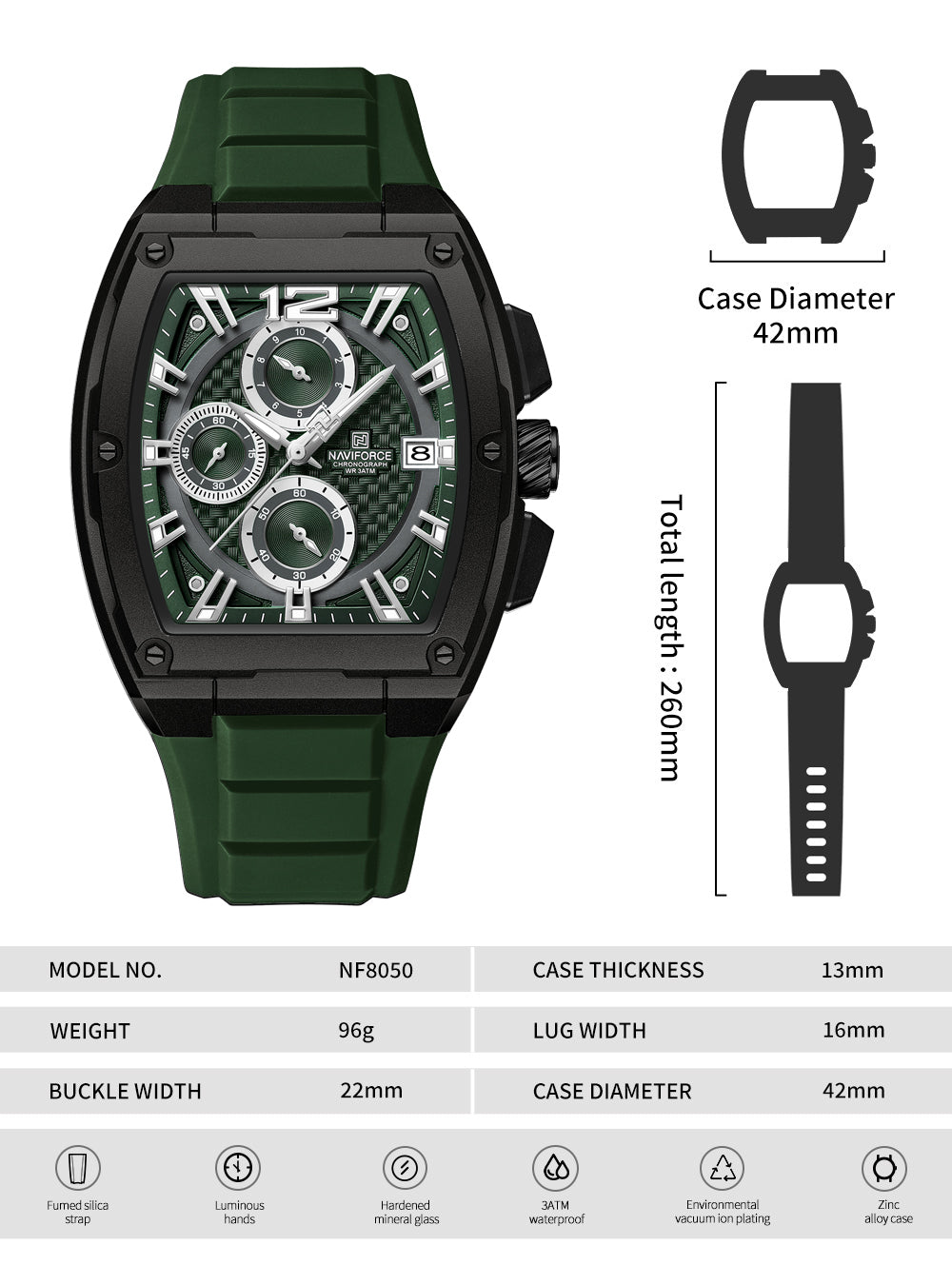 Naviforce NF8050 green chronograph dial silicon strap Analog Watch