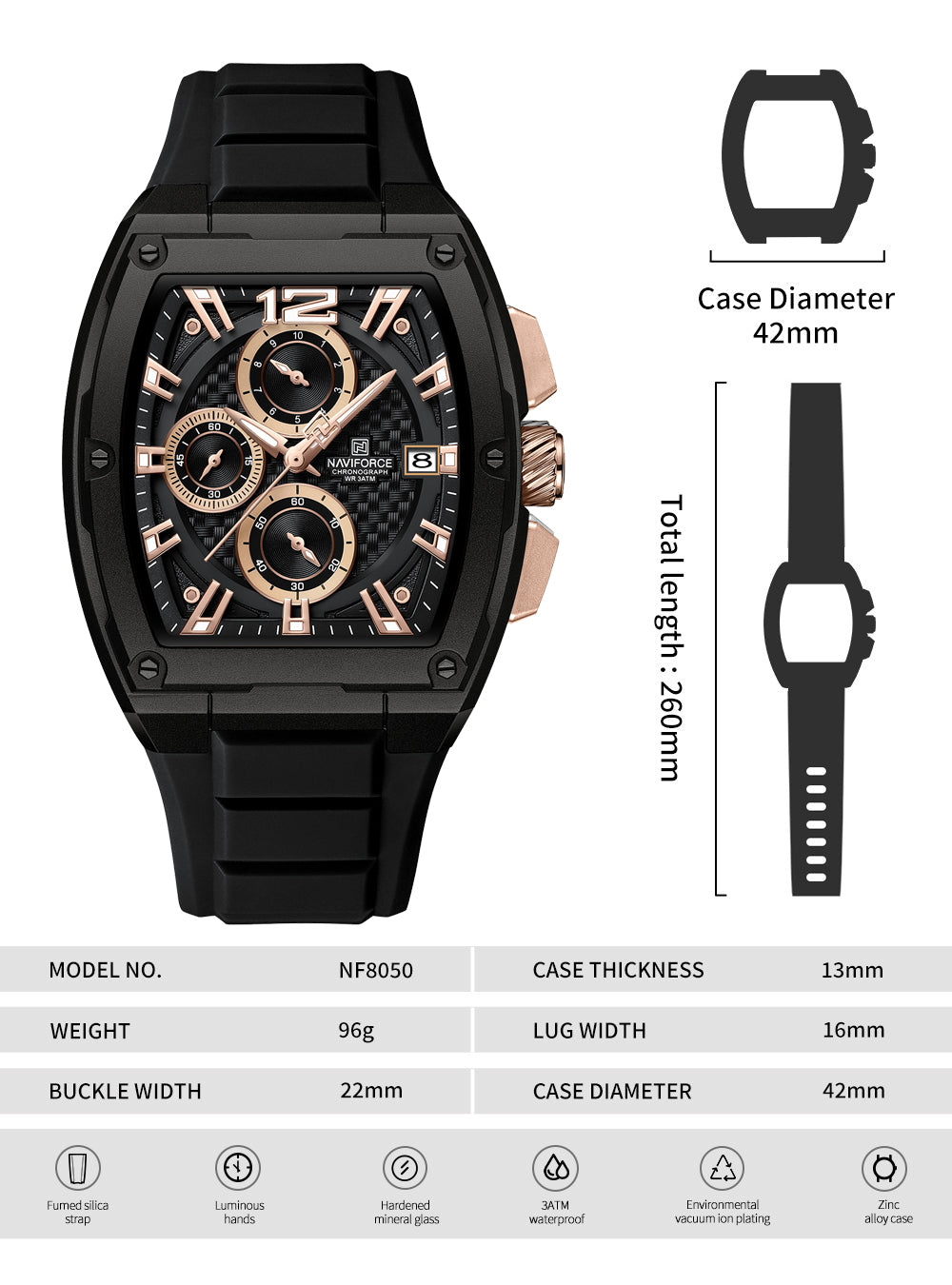 Naviforce NF8050 rosegold chronograph dial silicon strap Analog Watch