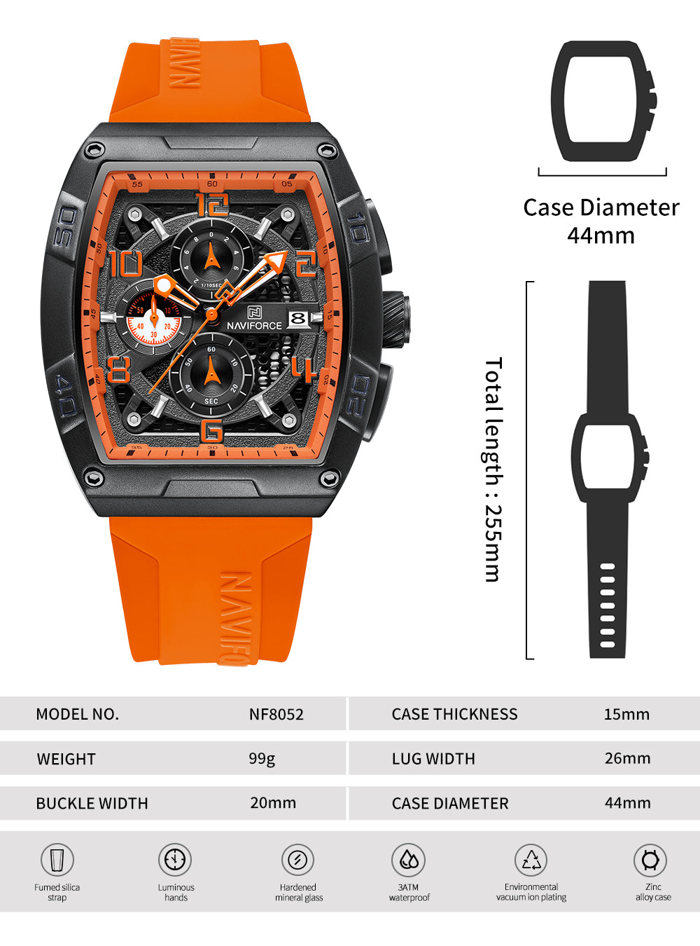 NF8052 Orange Black Chronograph watch for men - NAVIFORCE