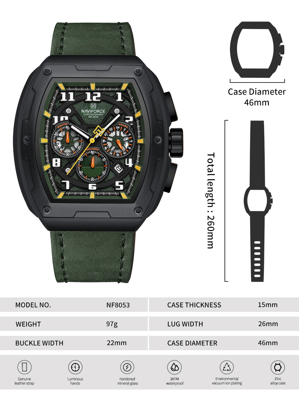 Naviforce NF8053 Green genuine leather strap Analog Watch