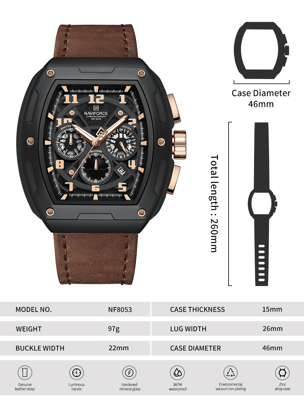 Naviforce NF8053 Rose Gold&Brown genuine leather strap Analog Watch