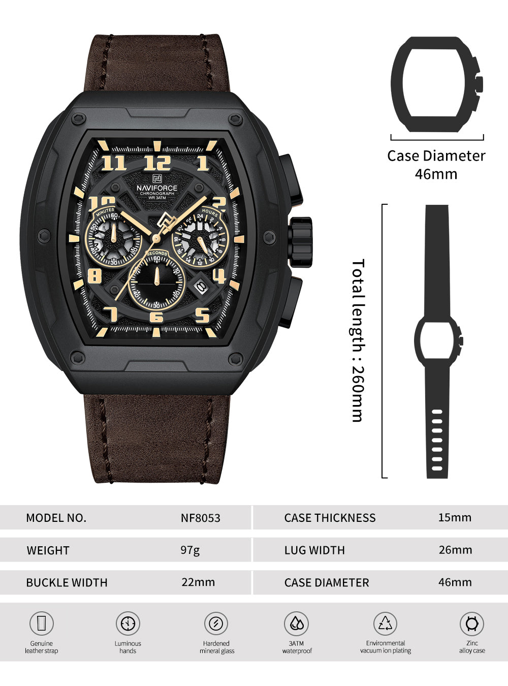 Naviforce NF8053 Brown genuine leather strap Analog Watch