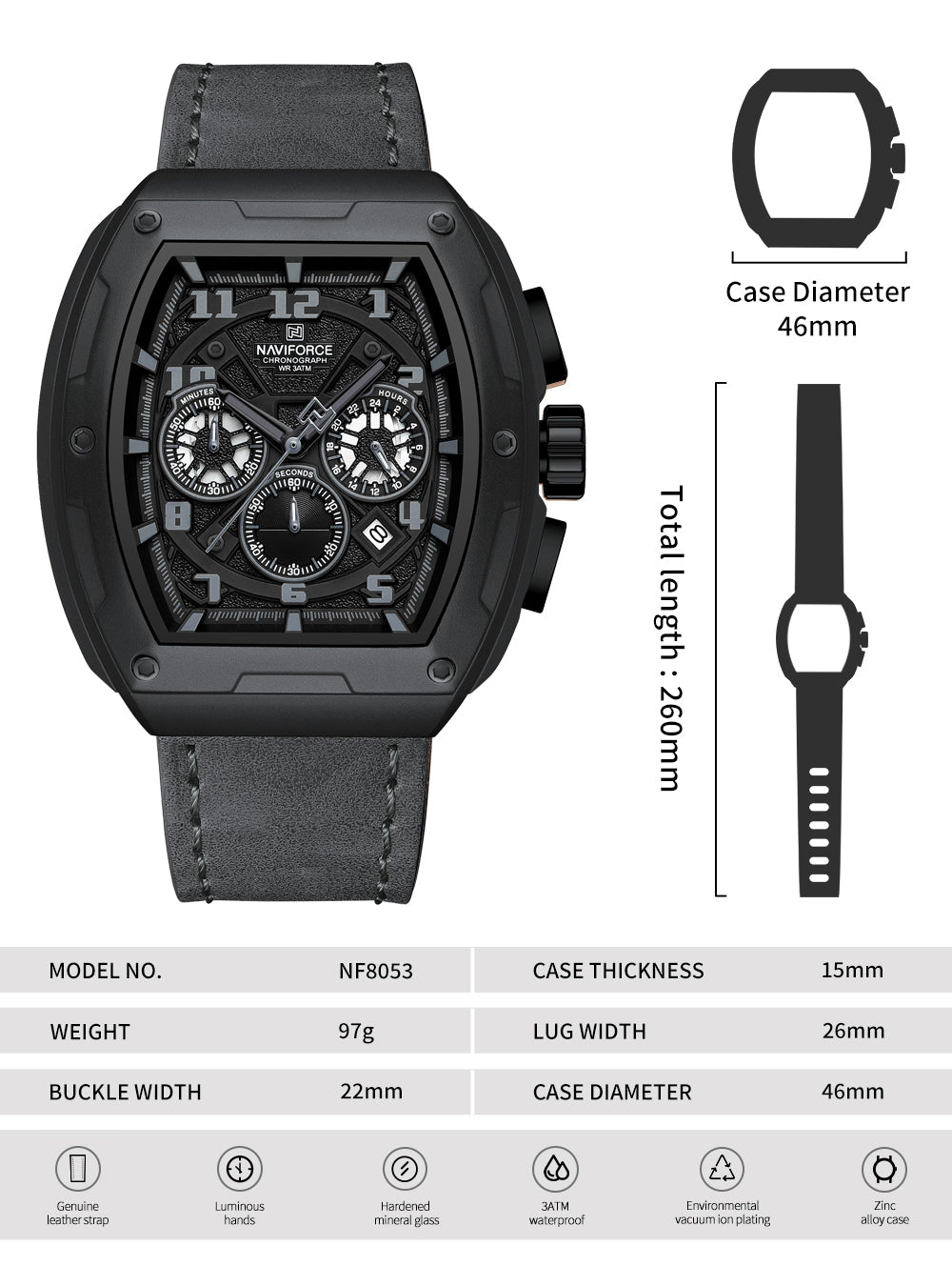 Naviforce NF8053 Gray genuine leather strap Analog Watch