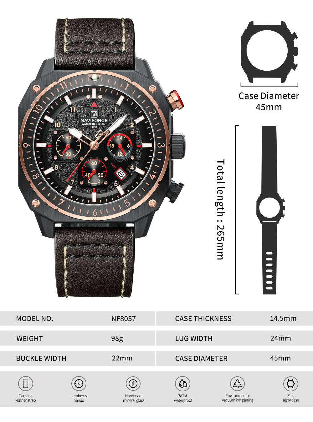 Naviforce NF8057 Brown Leather Strap Analog Watch