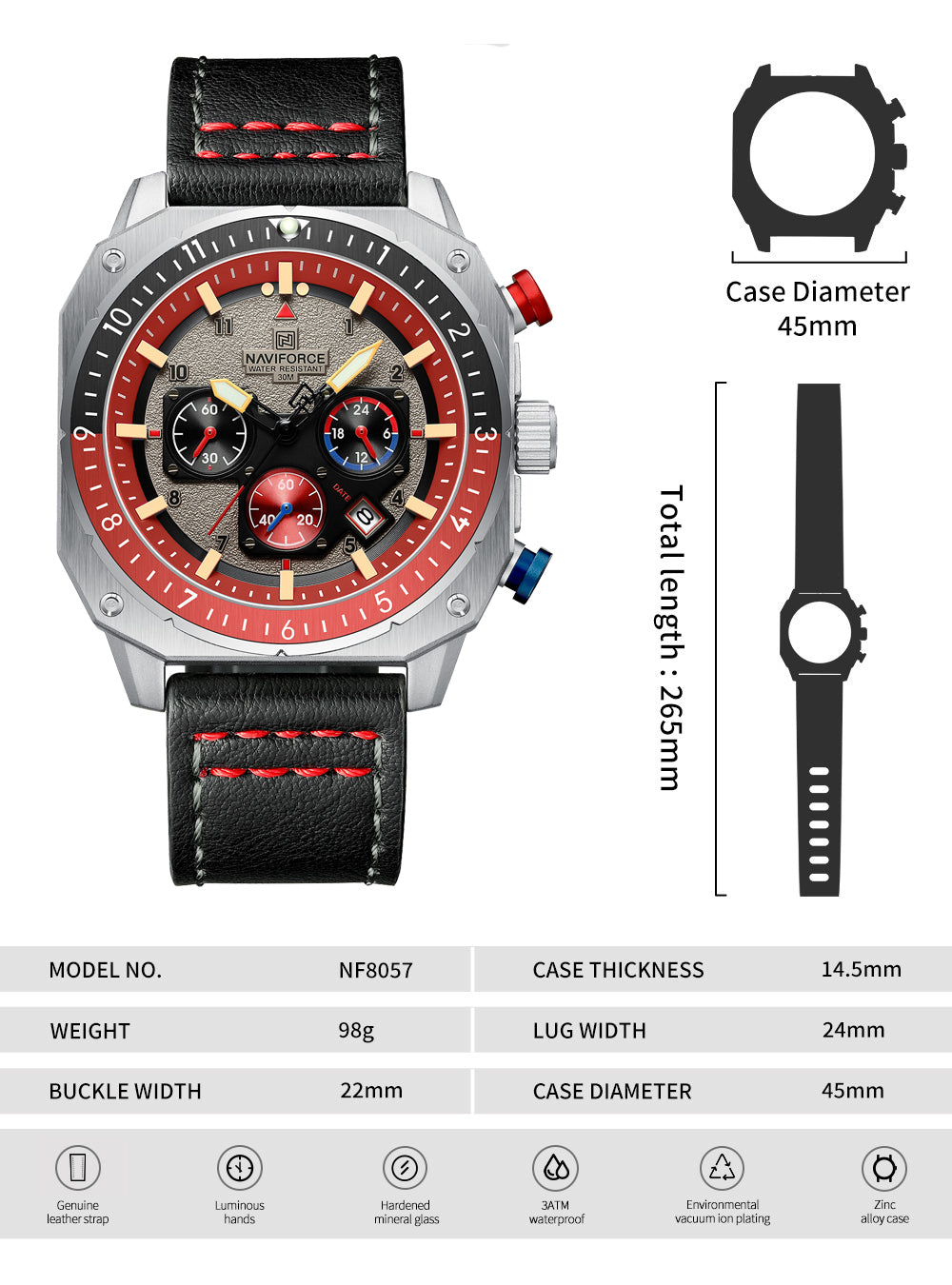 Naviforce NF8057 Silver-Black Leather Strap Analog Watch