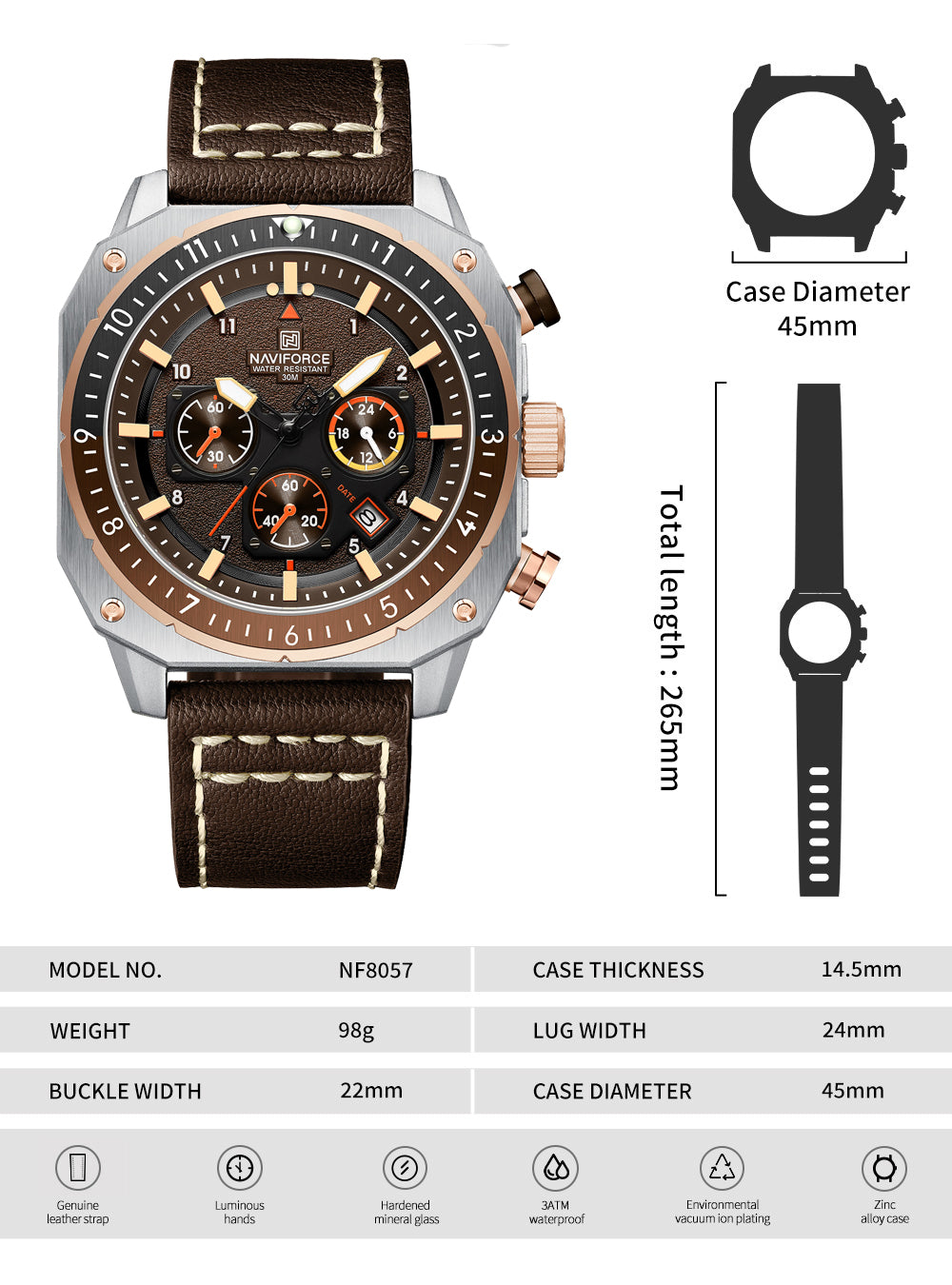 Naviforce NF8057 Brown Leather Strap Analog Watch