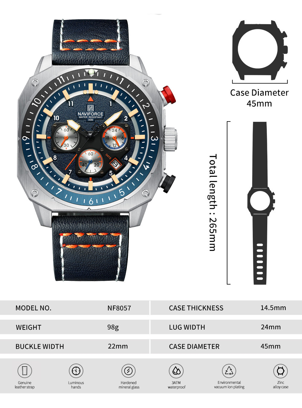 Naviforce NF8057 Blue Leather Strap Analog Watch