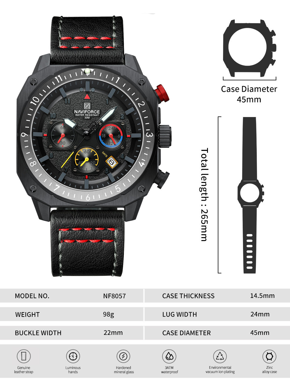 Naviforce NF8057 Black Leather Strap Analog Watch