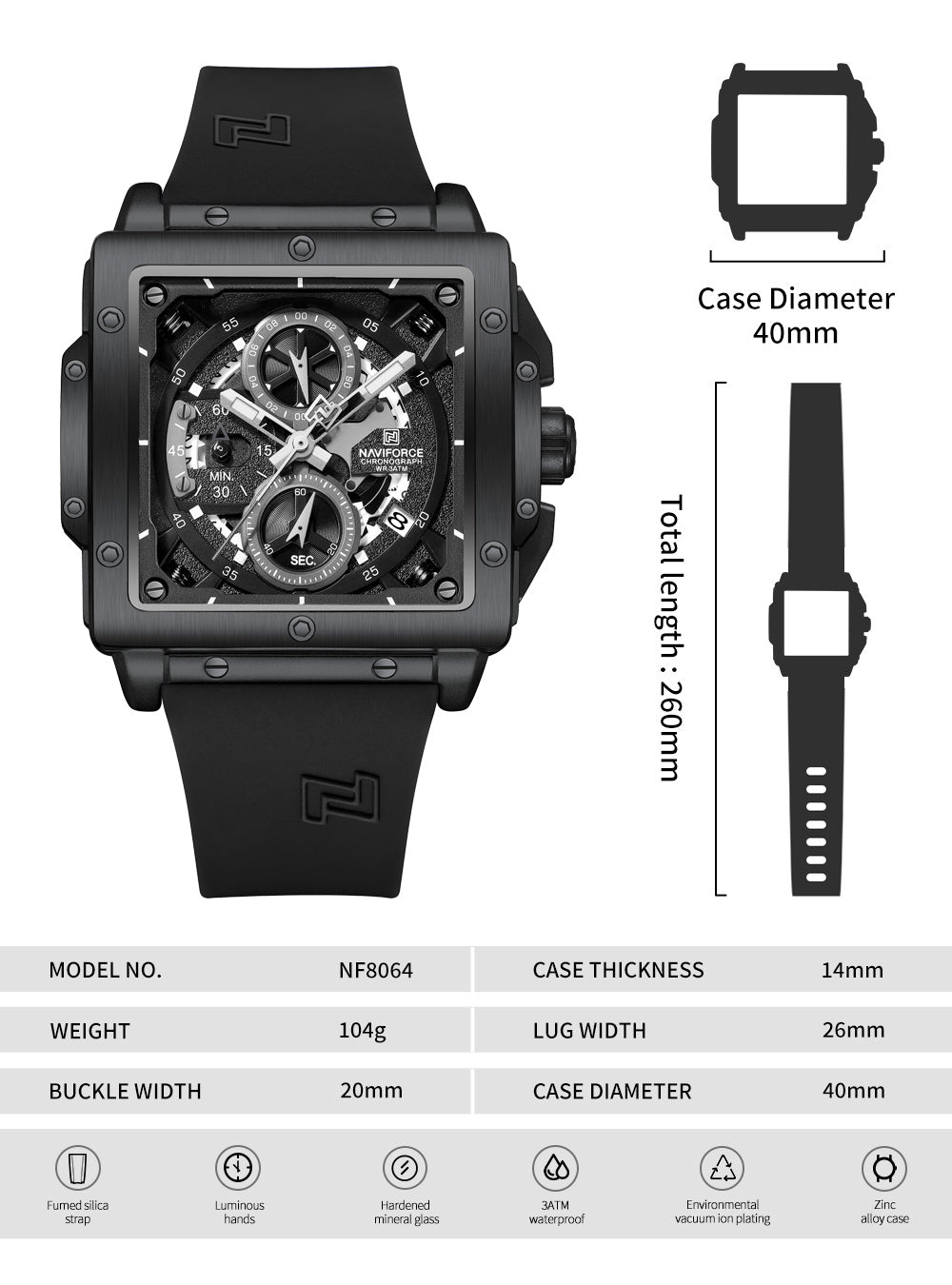 Naviforce NF8064 Elegant Square Black dial Analog watch