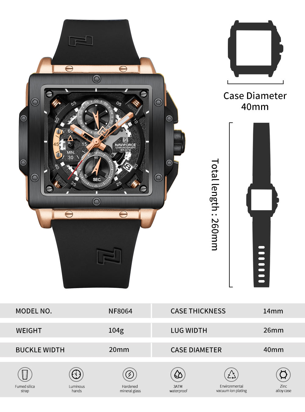 Naviforce NF8064 Elegant Square Rose Gold-Black dial Analog watch