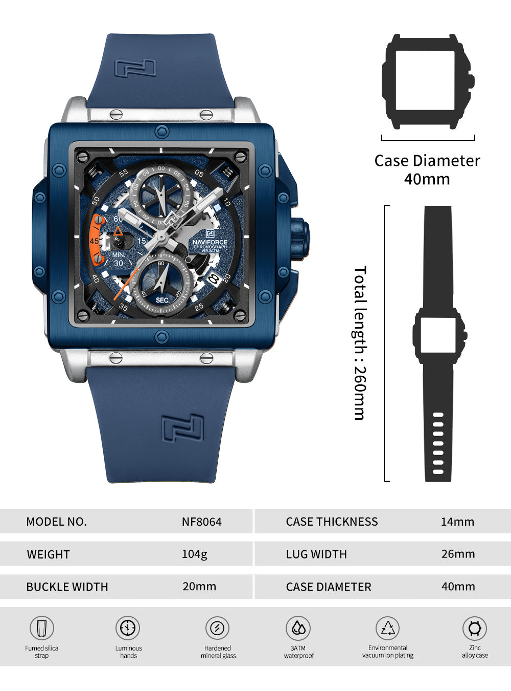 Naviforce NF8064 Elegant Square Silver-Blue dial Analog watch