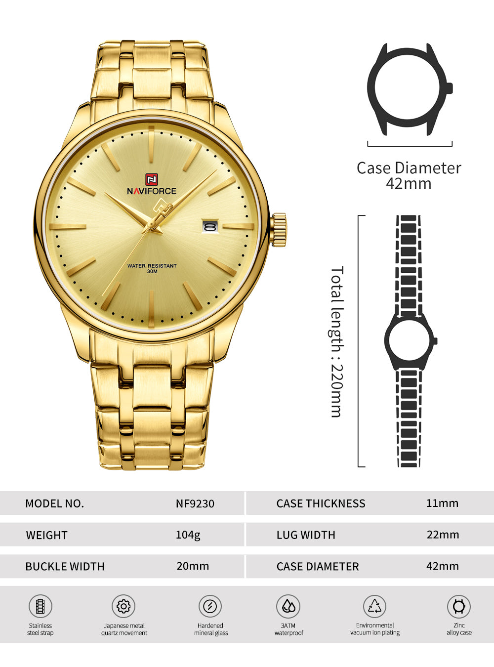 Naviforce NF9230 Golden Gentle Elegant Calendar Analog Watch