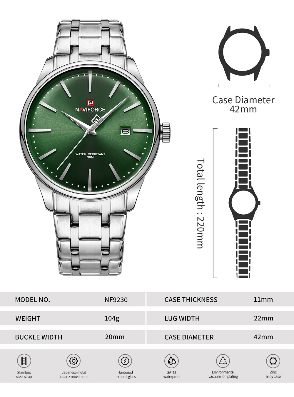 Naviforce NF9230 Silver Green Gentle Elegant Calendar Analog Watch