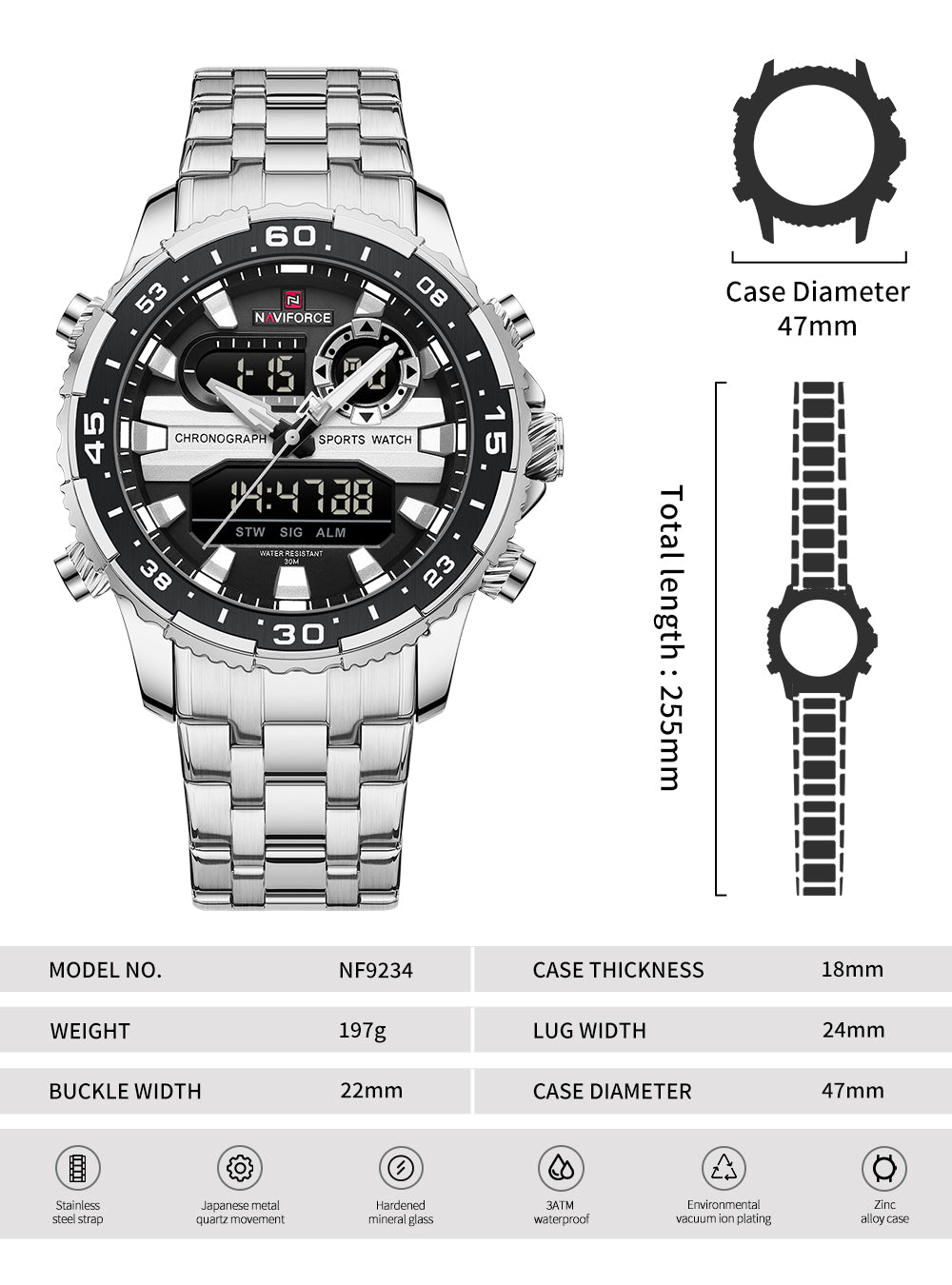 Naviforce NF9234 Versatile design Silver-Black color Analog-Digital Watch