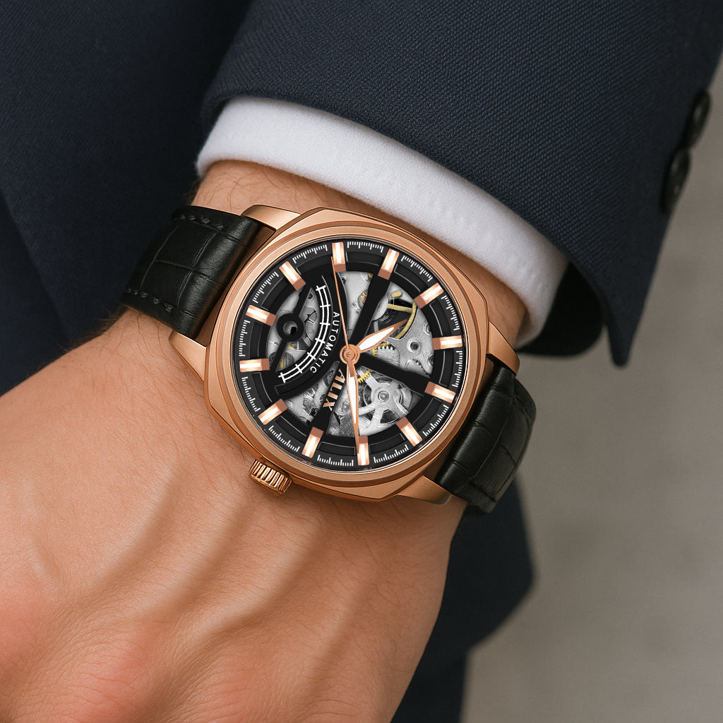AL2911 Black Leather Strap With Rosegold Dial Automatic Watch