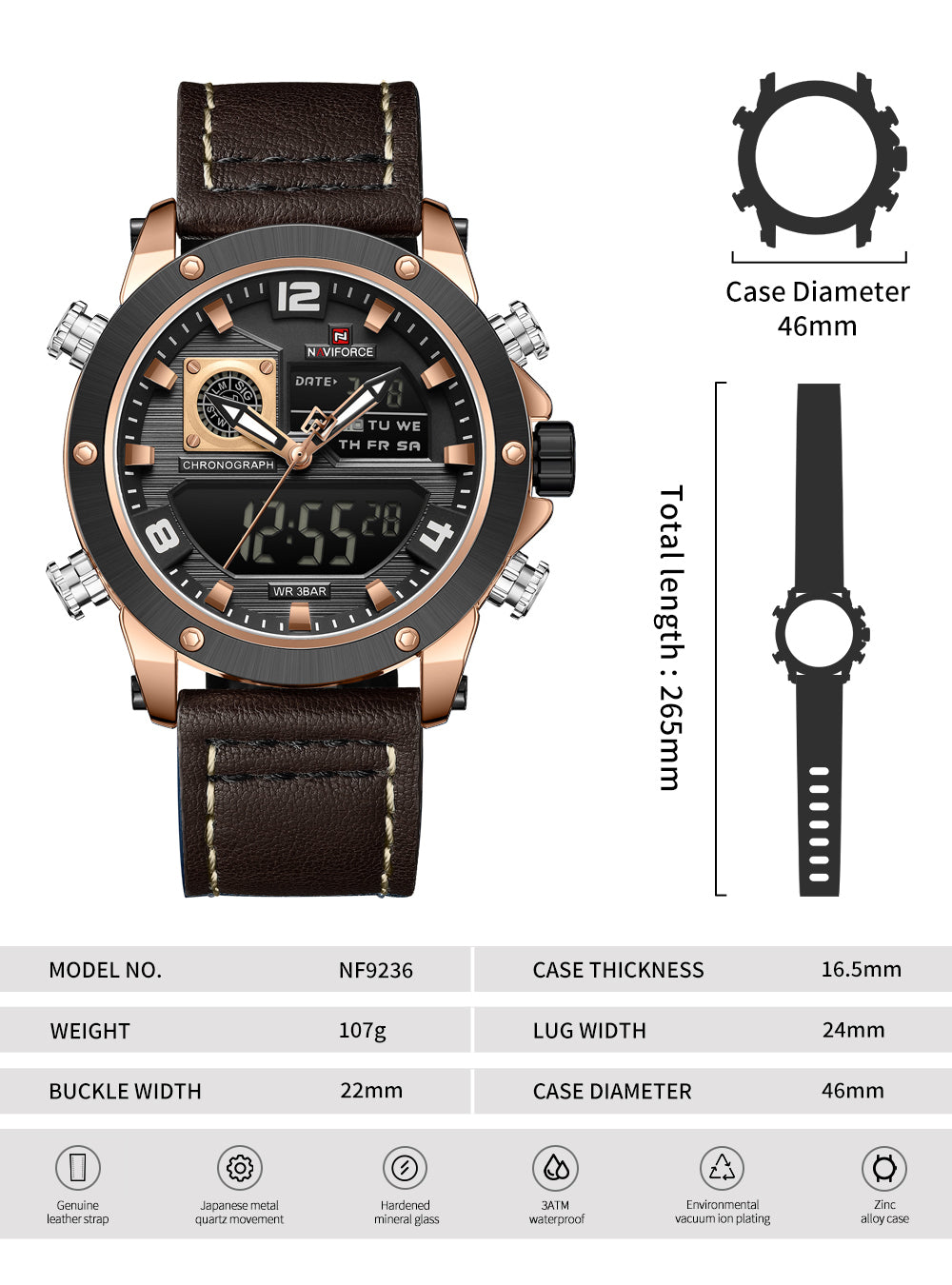 Naviforce NF9236 Brown Strap Military Style Analog-Digital Watch
