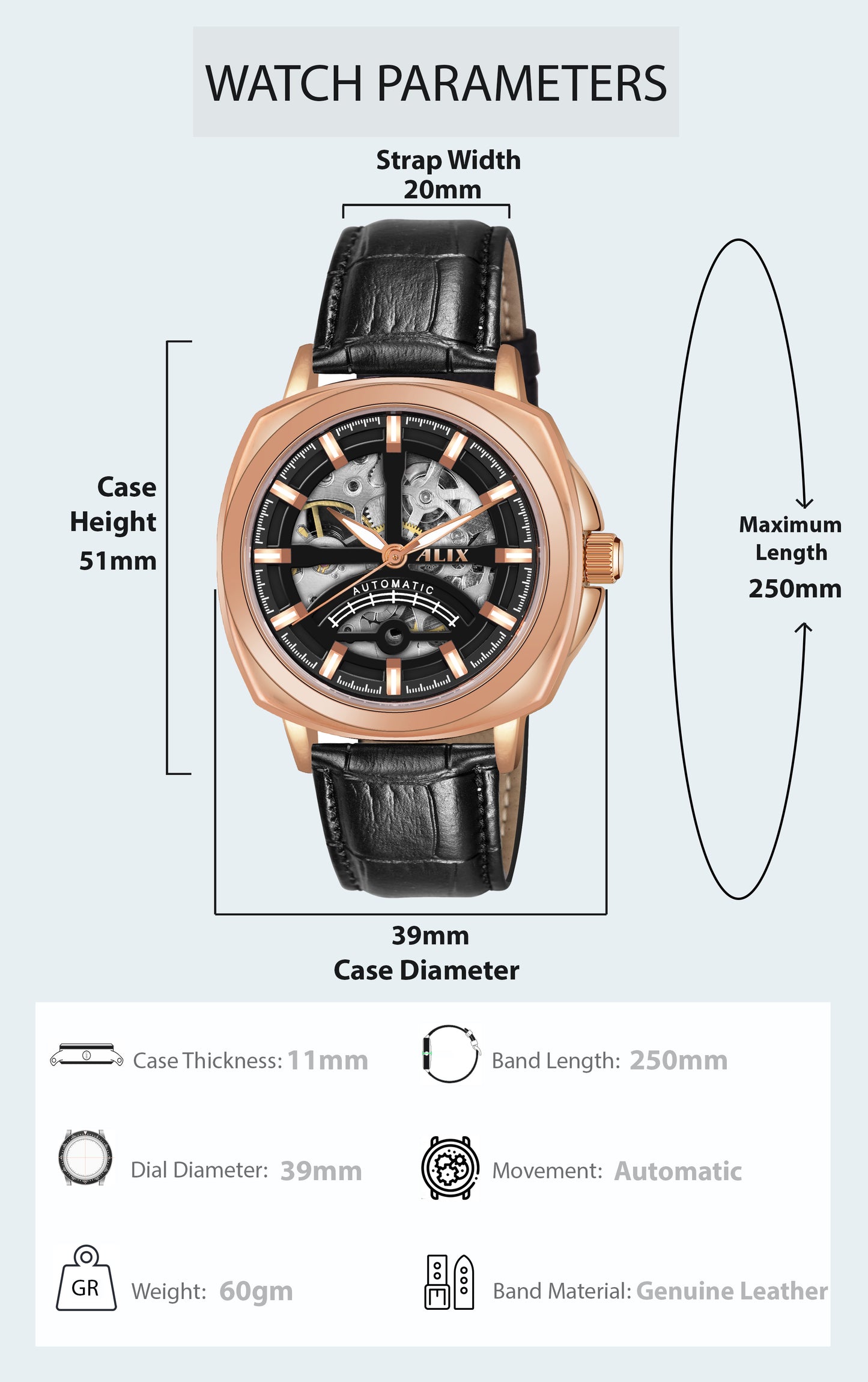 AL2911 Black Leather Strap With Rosegold Dial Automatic Watch