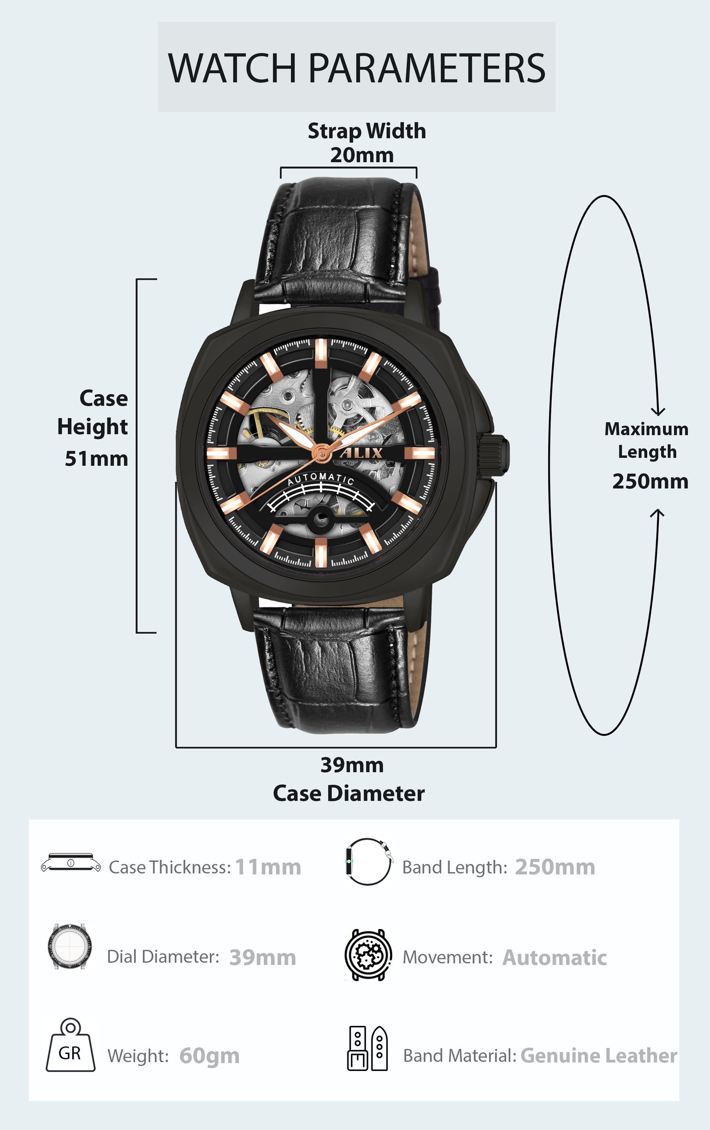 AL2911 Black Leather Strap Automatic Watch