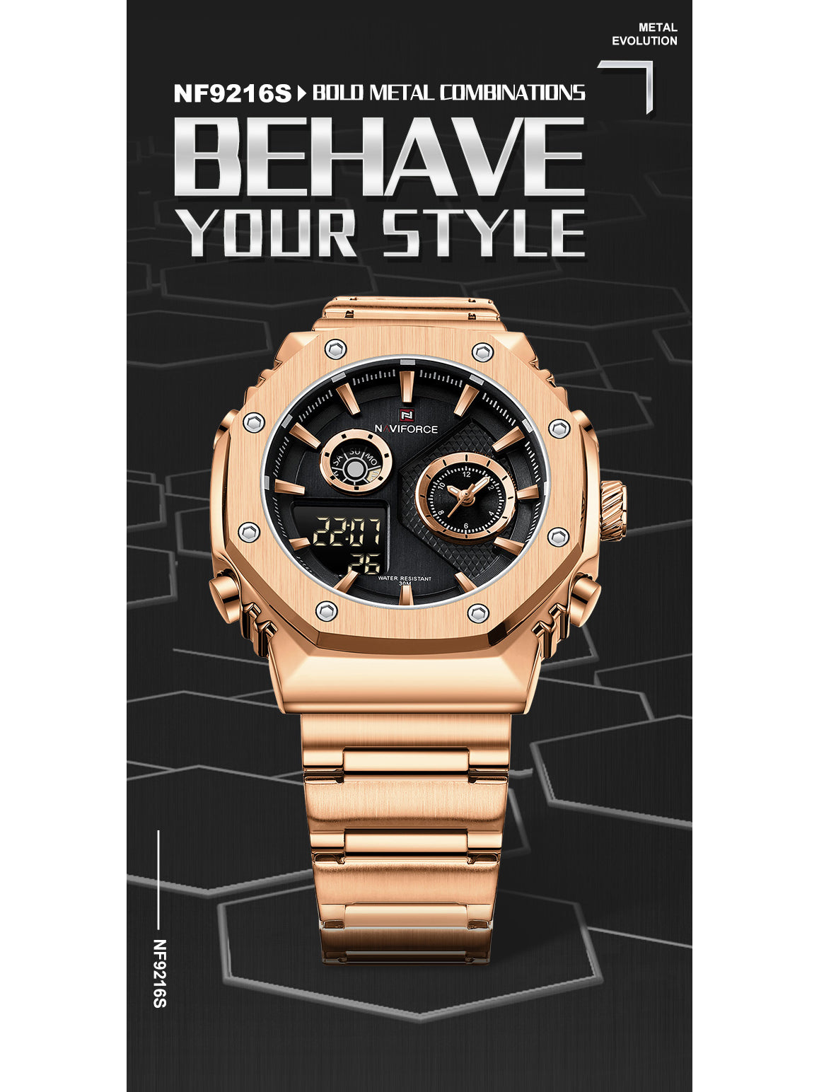 NF9216 Rosegold-Black digital - analog chronograph watch for men's-NAVIFORCE