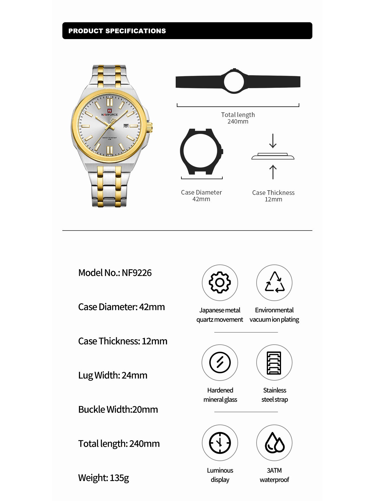 NF9226 Silver-Gold Analog time & date watch for men - NAVIFORCE