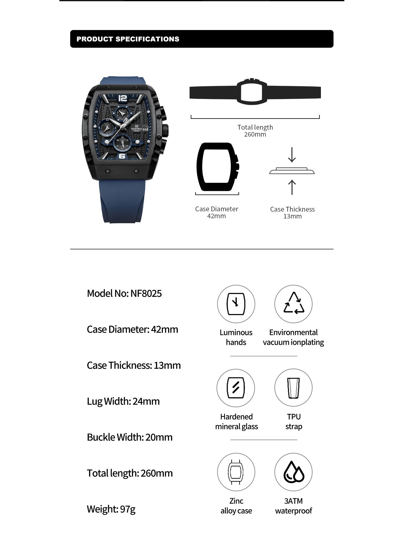 NF8025 Blue chronohgraph watch for men - NAVIFORCE