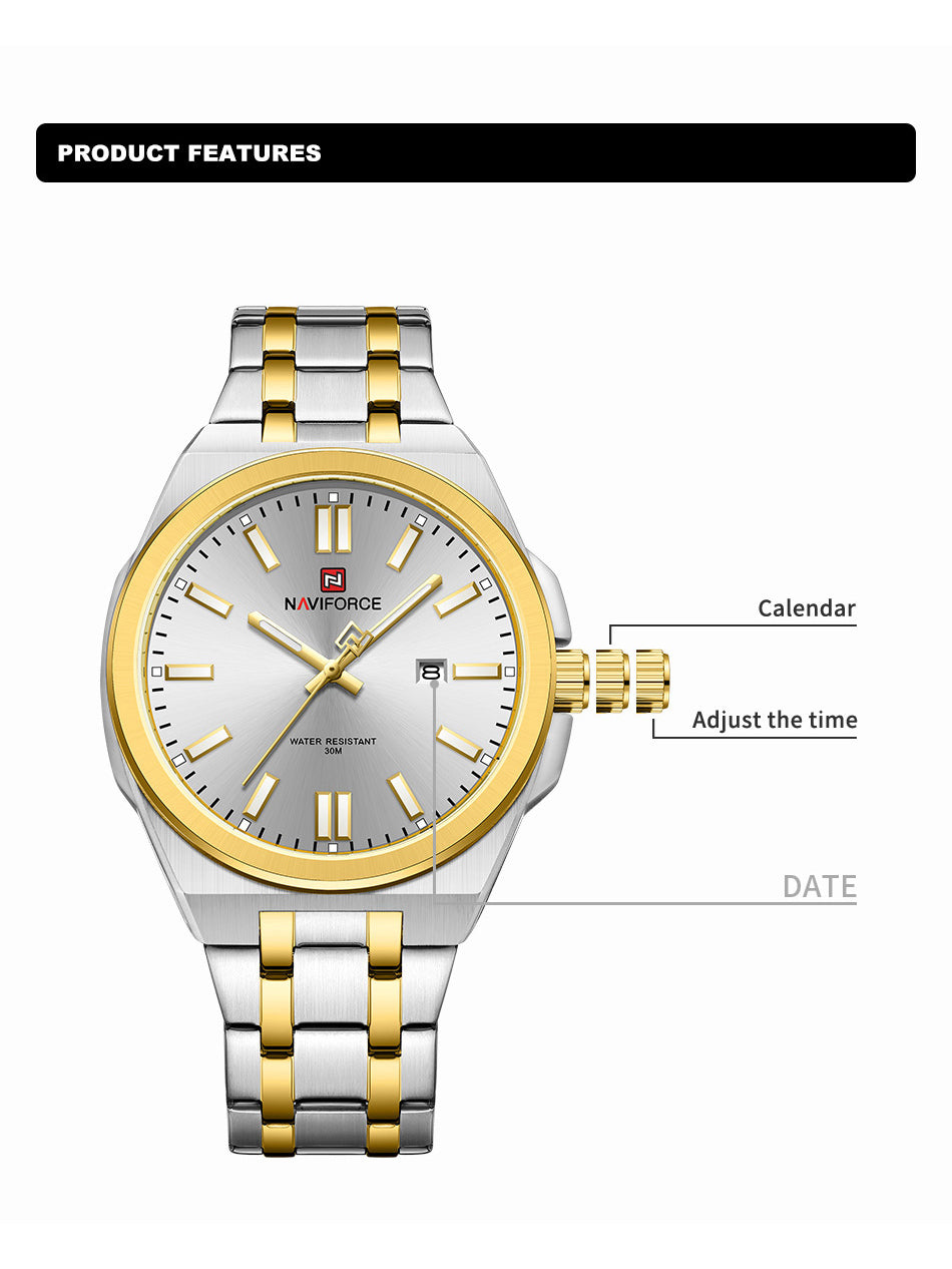 NF9226 Silver-Gold Analog time & date watch for men - NAVIFORCE