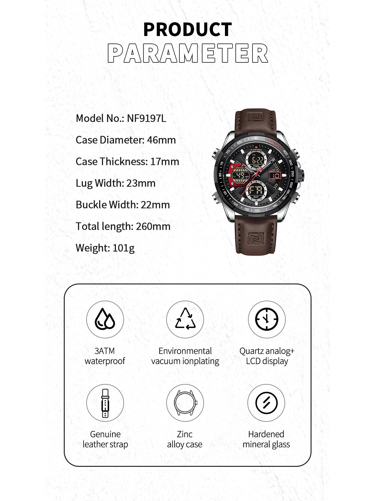 NF9197L Dark Brown leather Ana-digital watch for men - NAVIFORCE